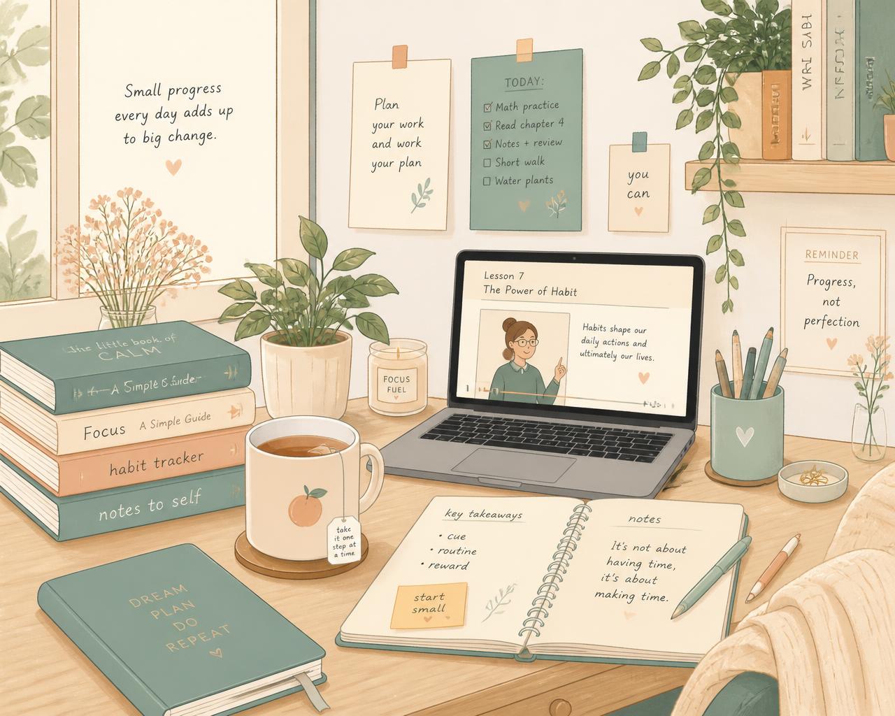 A cosy study desk with books, a notebook and a laptop showing an online English lesson